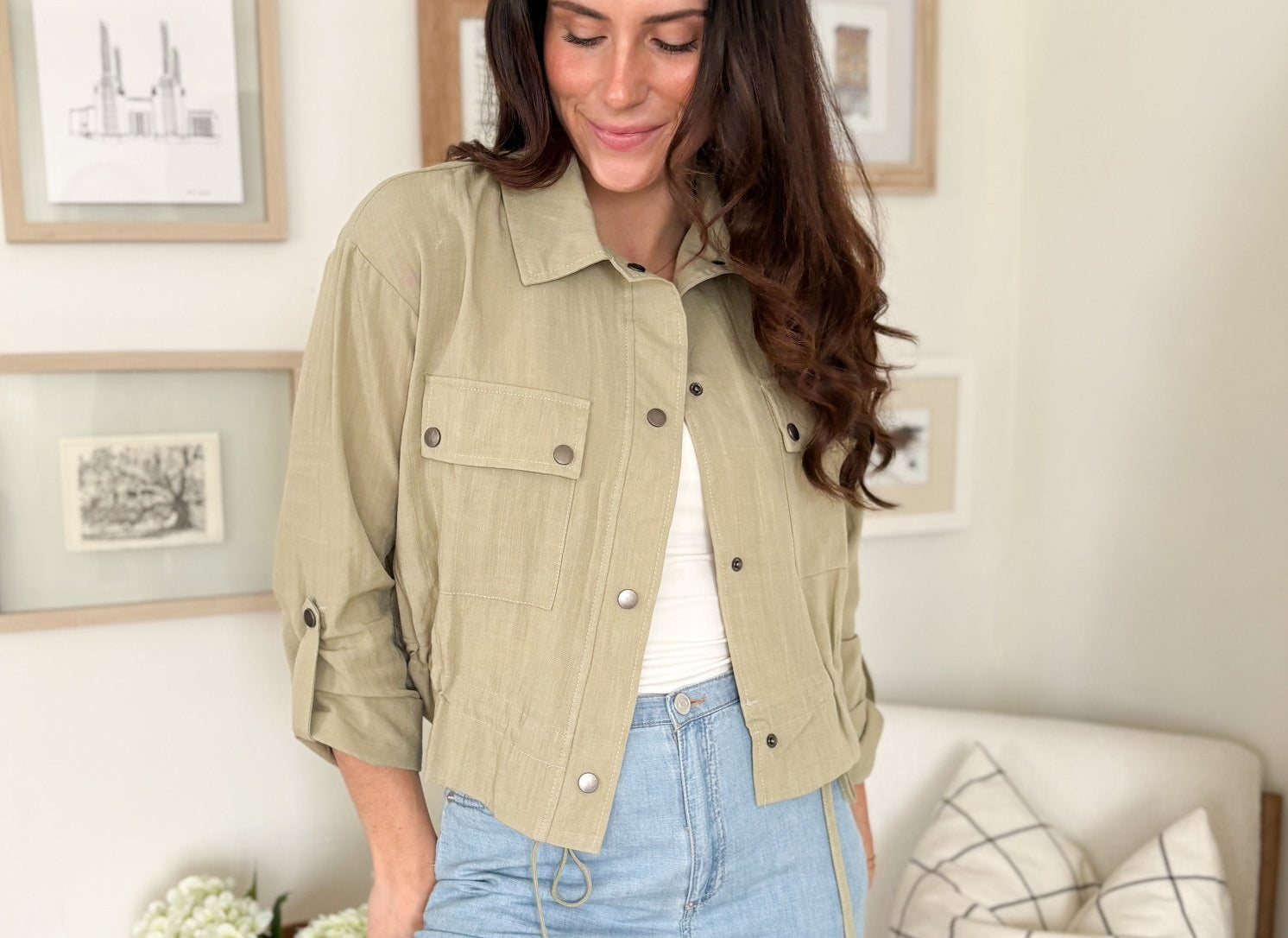 The Naideen Collared 3/4 Tab Sleeve Drawstring Waist Jacket in Olive - Love and Lee Apparel