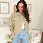 The Naideen Collared 3/4 Tab Sleeve Drawstring Waist Jacket in Olive - Love and Lee Apparel