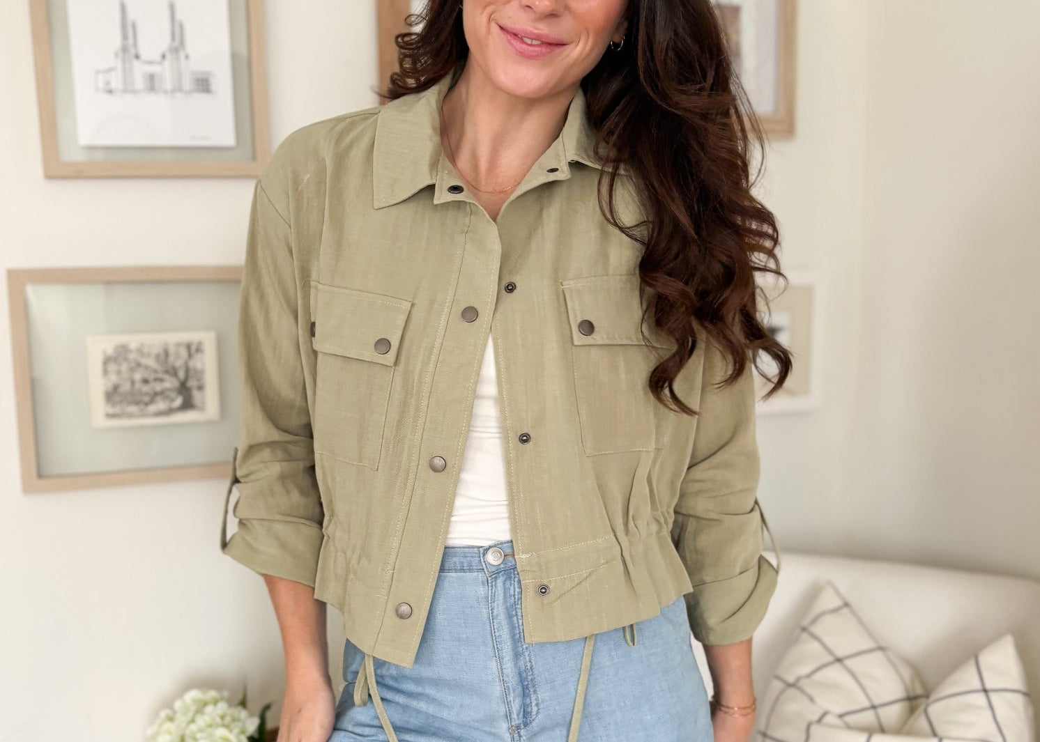 The Naideen Collared 3/4 Tab Sleeve Drawstring Waist Jacket in Olive - Love and Lee Apparel