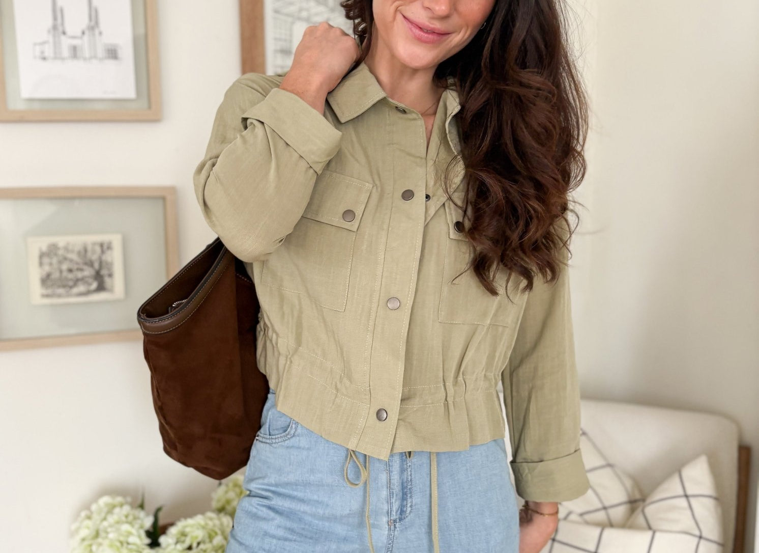 The Naideen Collared 3/4 Tab Sleeve Drawstring Waist Jacket in Olive - Love and Lee Apparel