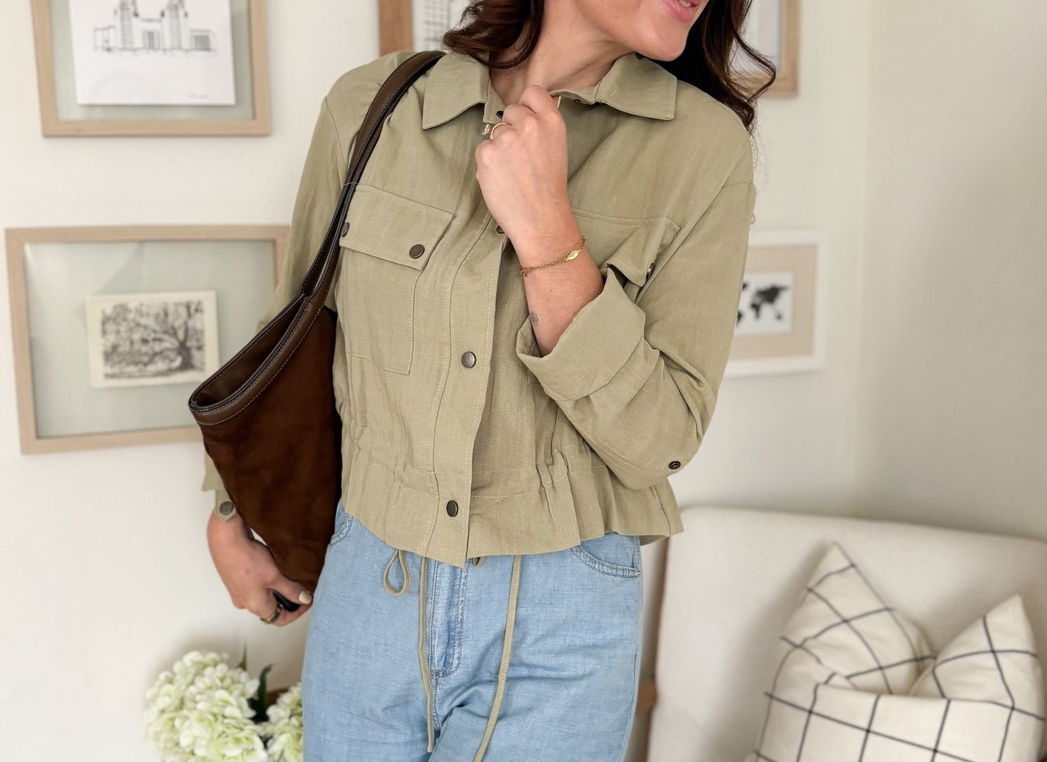 The Naideen Collared 3/4 Tab Sleeve Drawstring Waist Jacket in Olive - Love and Lee Apparel