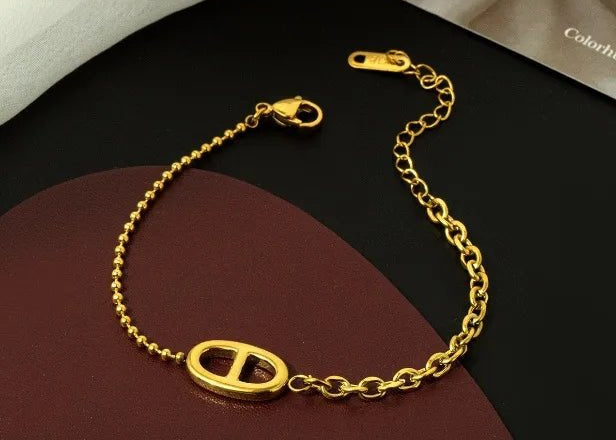 Double Buckle D Shaped Bracelet with Duo Chain - 18K Gold Plated - Love and Lee Apparel