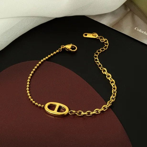 Double Buckle D Shaped Bracelet with Duo Chain - 18K Gold Plated - Love and Lee Apparel