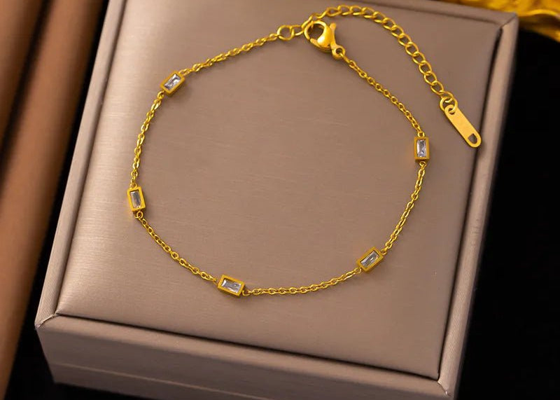 Dainty Chain Bracelet with Emerald Cut Rhinestone Charms - 18K Gold Plated - Love and Lee Apparel