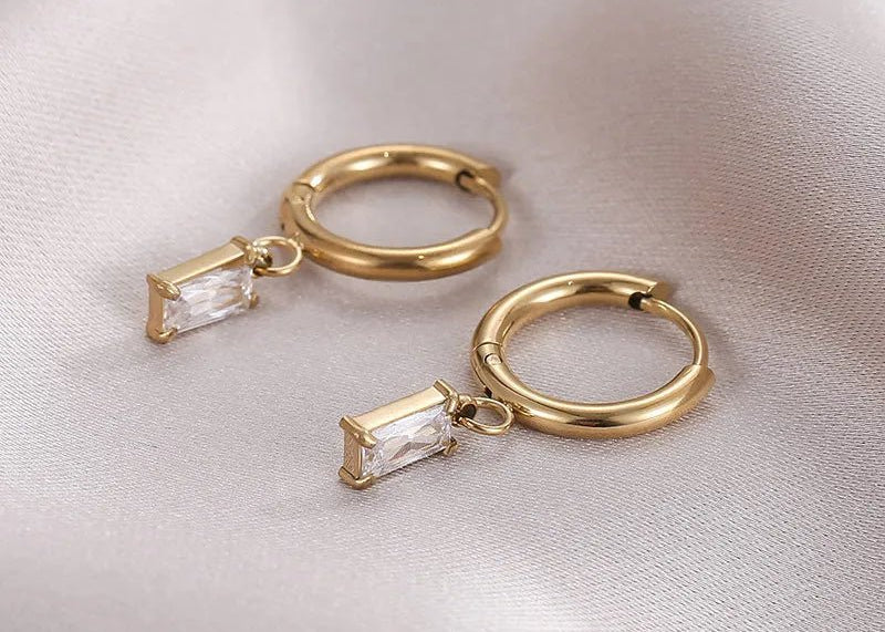 Gold Hoop Earring with Drop Emerald Cut Diamond Charm - 18K Gold Plated - Love and Lee Apparel