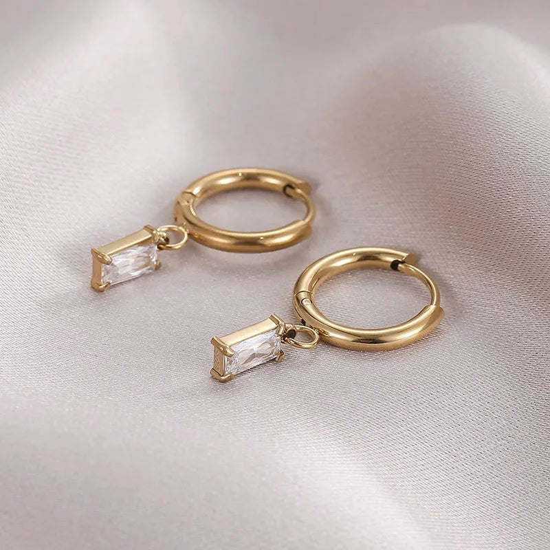 Gold Hoop Earring with Drop Emerald Cut Diamond Charm - 18K Gold Plated - Love and Lee Apparel