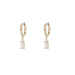 Gold Hoop Earring with Drop Emerald Cut Diamond Charm - 18K Gold Plated - Love and Lee Apparel