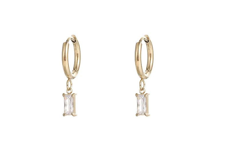 Gold Hoop Earring with Drop Emerald Cut Diamond Charm - 18K Gold Plated - Love and Lee Apparel