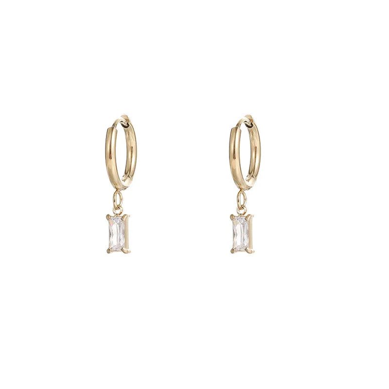 Gold Hoop Earring with Drop Emerald Cut Diamond Charm - 18K Gold Plated - Love and Lee Apparel