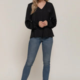 The Leslie Long Sleeve V - Neck Satin Blouse with Pleats - Love and Lee Apparel