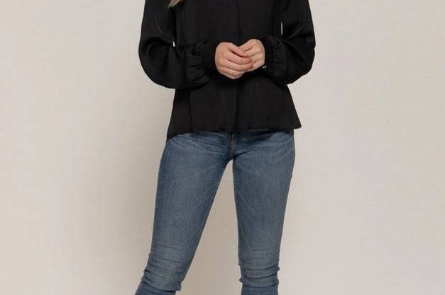 The Leslie Long Sleeve V - Neck Satin Blouse with Pleats - Love and Lee Apparel
