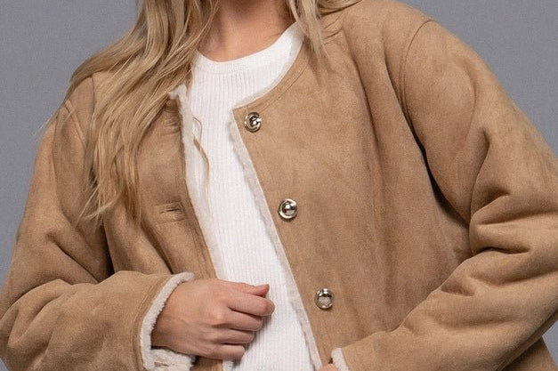 The Monique Long Sleeve Gold Button Closure Inner Fur Faux Suede Jacket - Love and Lee Apparel