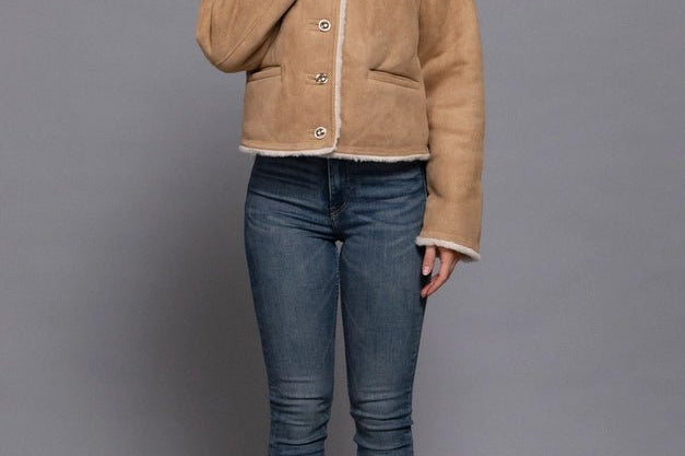 The Monique Long Sleeve Gold Button Closure Inner Fur Faux Suede Jacket - Love and Lee Apparel