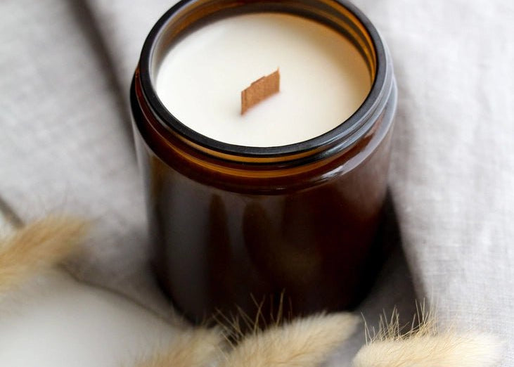 Vanilla Santal + Shea 8 oz. Soy Wax Candle with Wood Wick in Amber Jar - Love and Lee Apparel