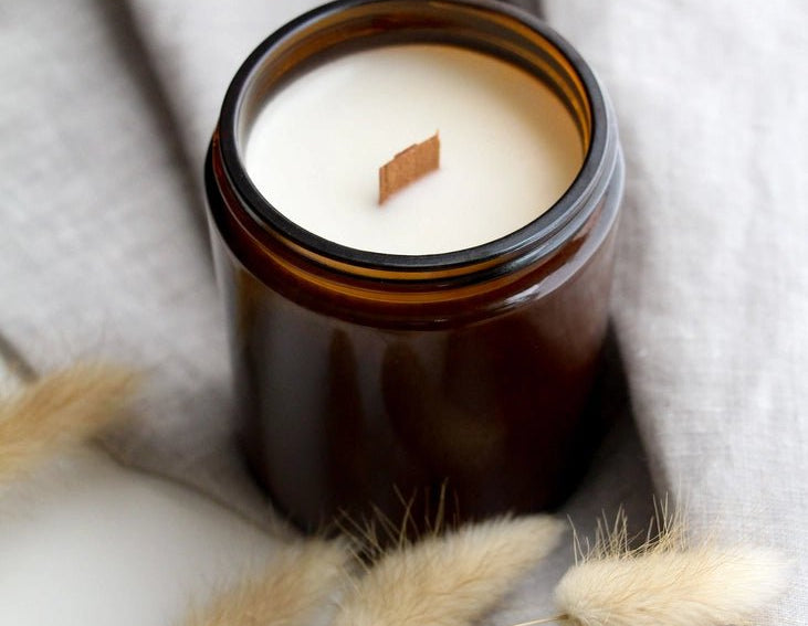 Vanilla Santal + Shea 8 oz. Soy Wax Candle with Wood Wick in Amber Jar - Love and Lee Apparel