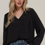 The Leslie Long Sleeve V - Neck Satin Blouse with Pleats - Love and Lee Apparel
