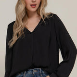 The Leslie Long Sleeve V - Neck Satin Blouse with Pleats - Love and Lee Apparel