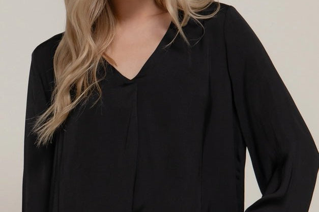 The Leslie Long Sleeve V - Neck Satin Blouse with Pleats - Love and Lee Apparel